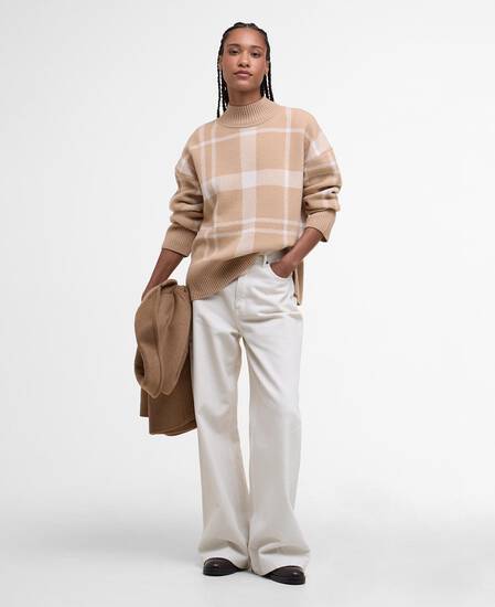 Harriet Tartan High-Neck Jumper Pale Camel