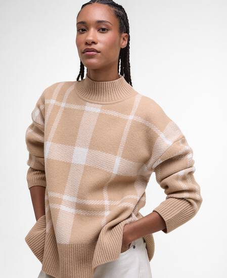 Harriet Tartan High-Neck Jumper Pale Camel