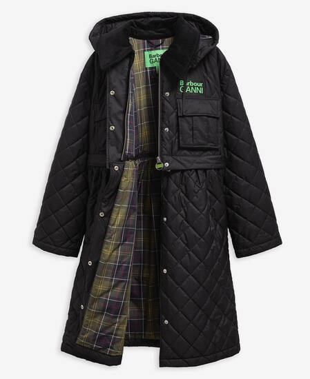 Barbour x GANNI Peplum Longline Quilted Jacket Black/Classic Tartan