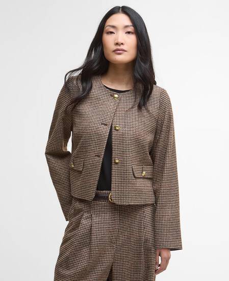 Corina Collarless Tailored Jacket Brown/Orange Check
