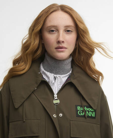Barbour x GANNI Waterproof Parka Jacket Olive/Classic Tartan