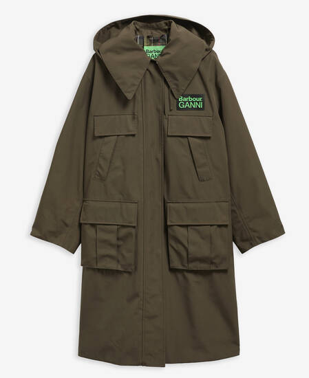Barbour x GANNI Waterproof Parka Jacket Olive/Classic Tartan